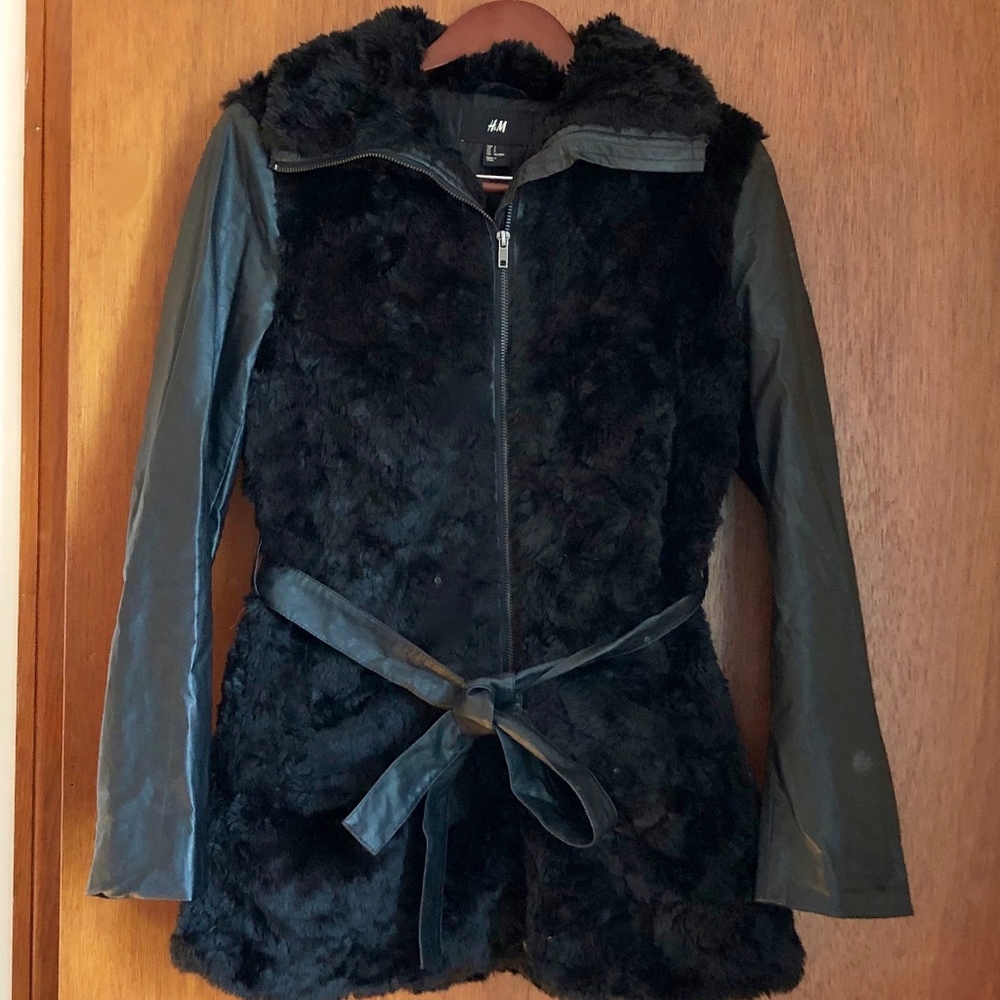 Black Faux Fur & Vegan Leather Belted Winter Coat